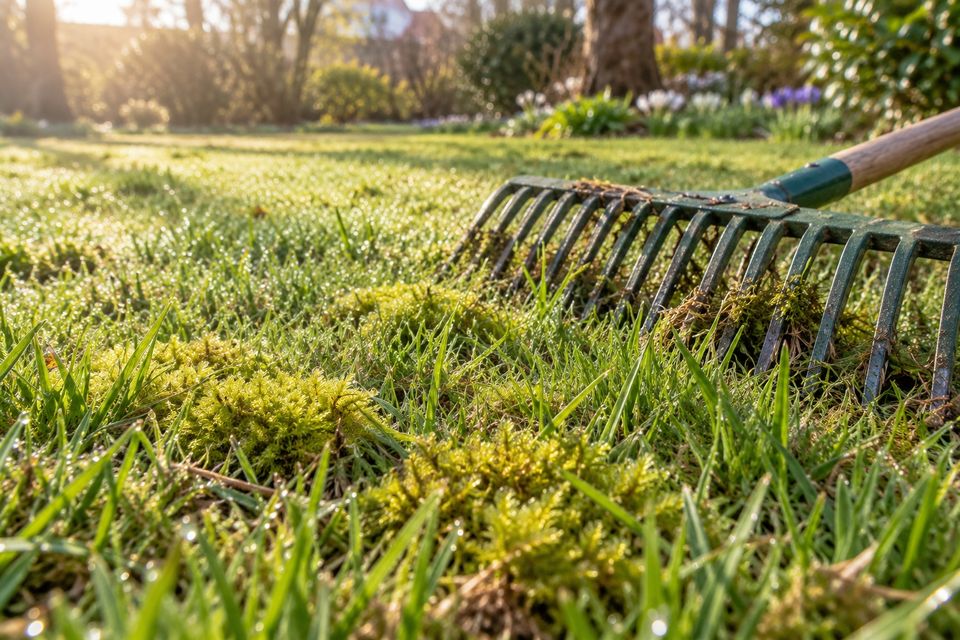Gazon in het vroege voorjaar met plekken mos, dauwdruppels en een hark in het gras