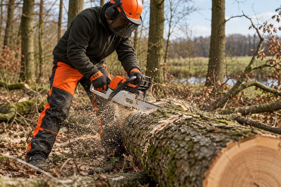 Persoon in zaagbroek, handschoenen en helm met vizier zaagt een omgevallen boomstam in een bosrand