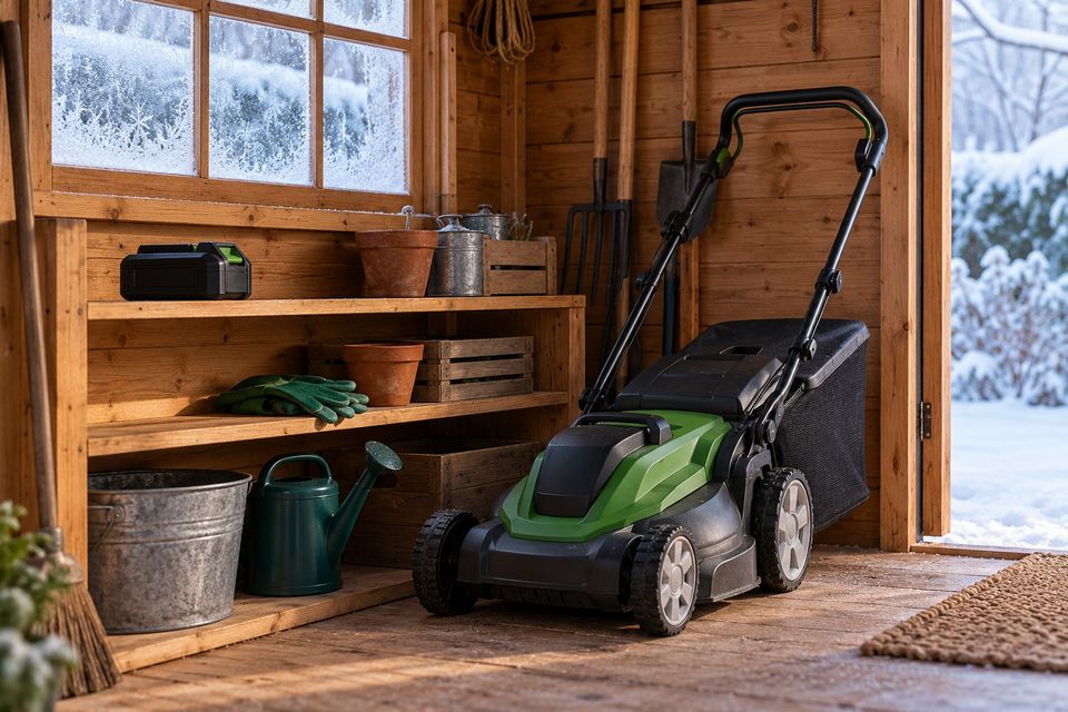 Schone grasmaaier opgeborgen in een houten tuinschuur in de winter met een accu op de plank