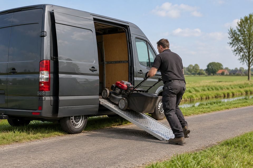 Bestelbus met open zijdeur waar een grasmaaier via een oprijplaat in wordt gereden