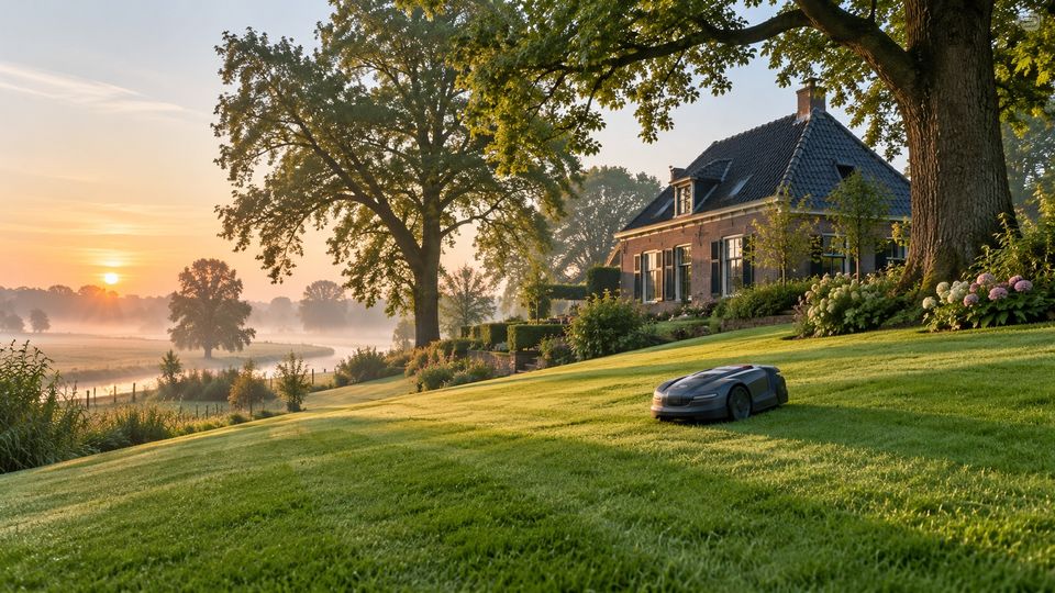 Glooiende tuin bij een boerderij in de ochtendmist met een robotmaaier op het gemaaide gras