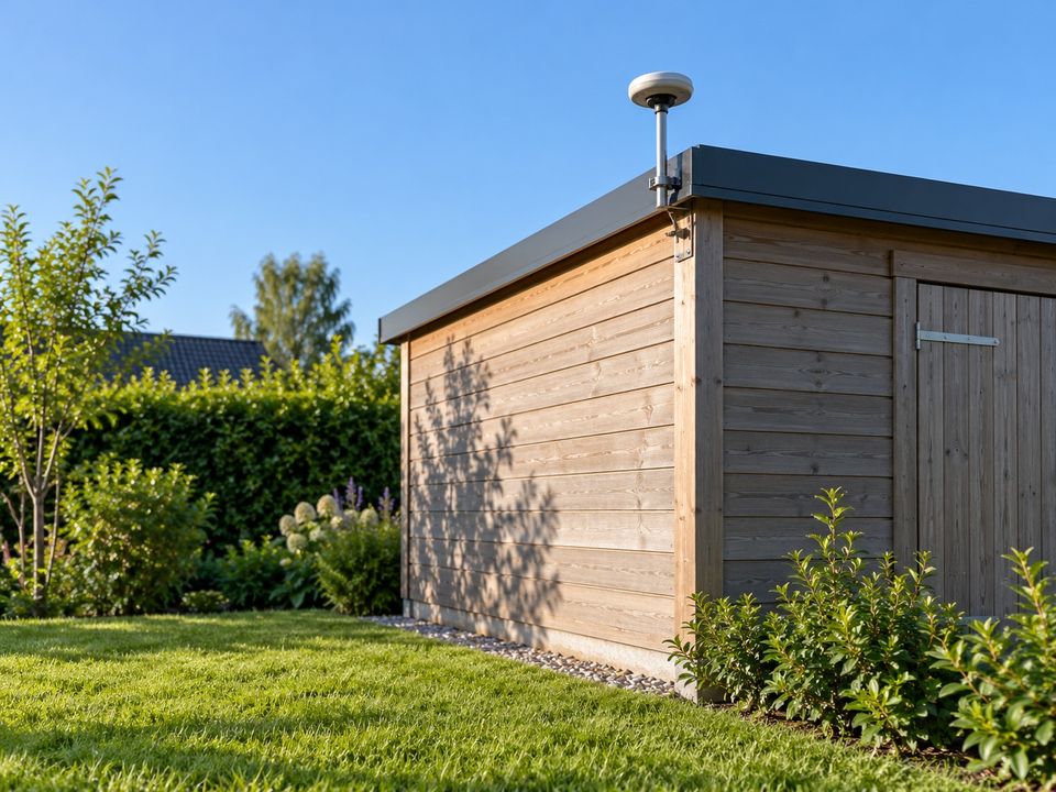 Kleine RTK-antenne op een paaltje op de hoek van een tuinschuur