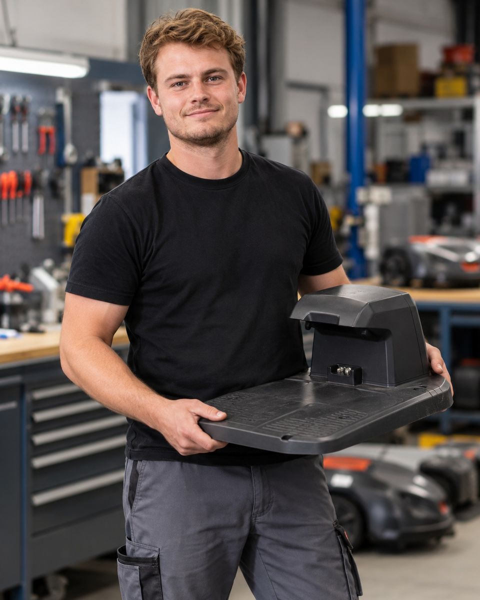Bram Nijhuis met een laadstation van een robotmaaier in de werkplaats