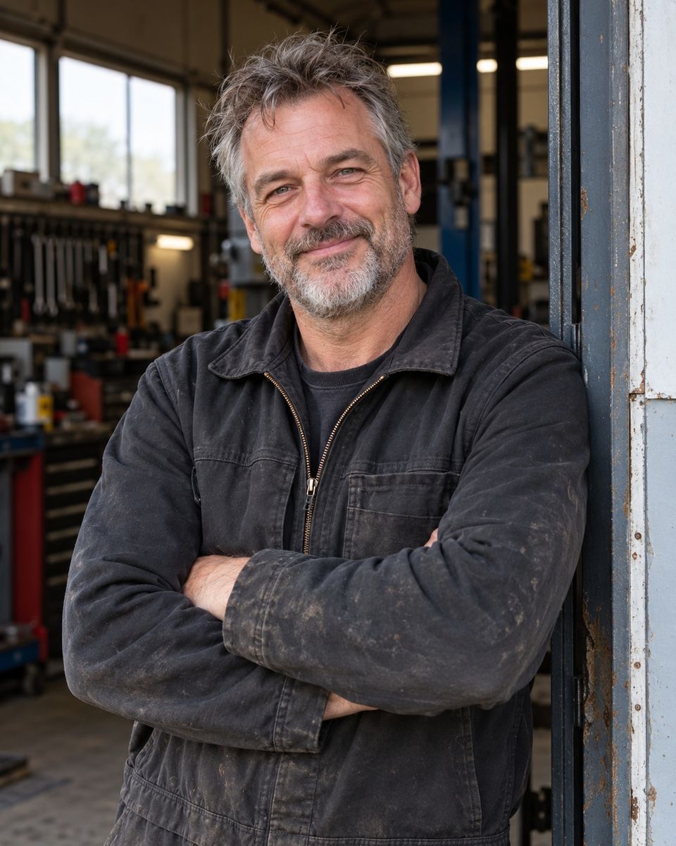 Gerrit Hulshof in de deuropening van de werkplaats