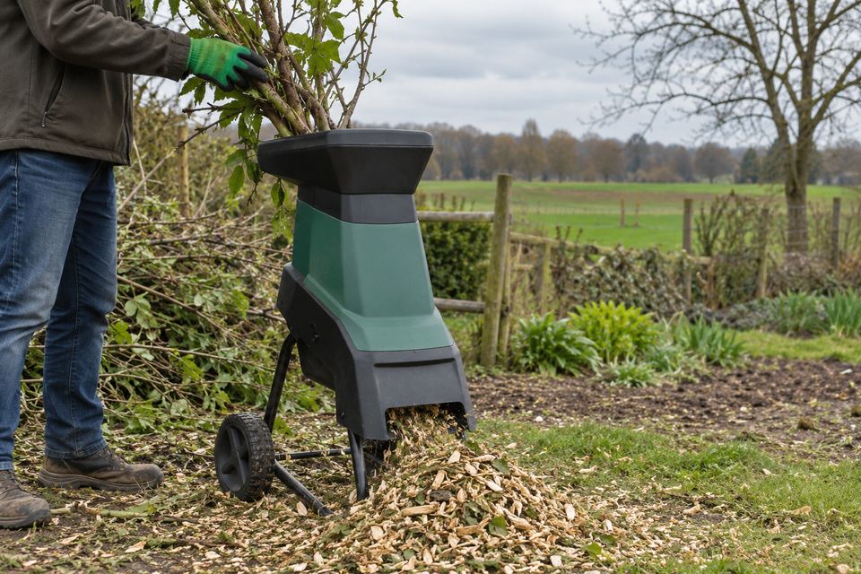 Takken gaan in een houtversnipperaar aan de rand van een tuin