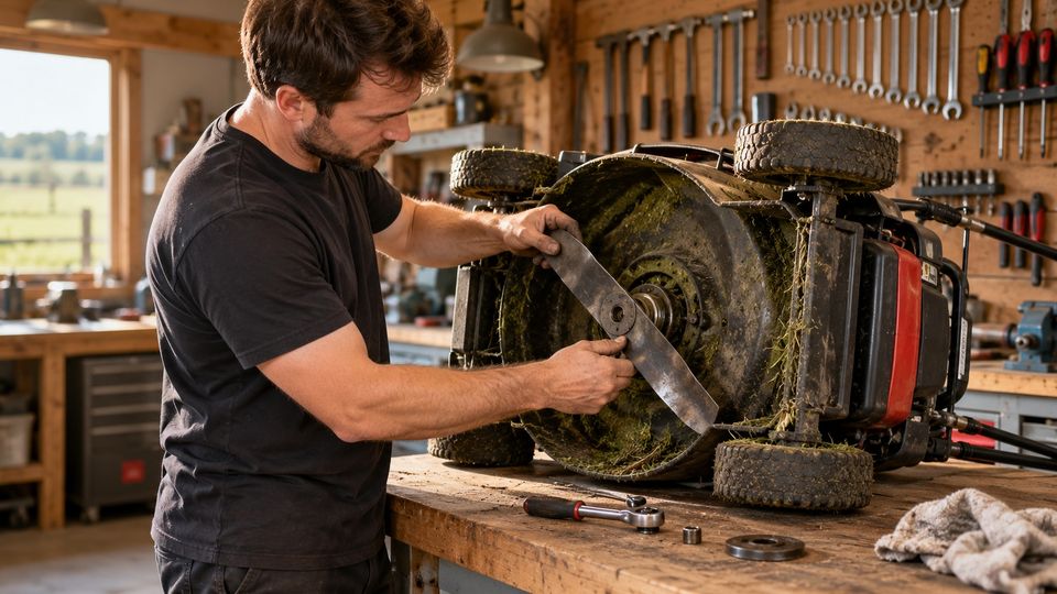 Monteur verwijdert het mes van een op zijn kant gelegde grasmaaier op een werkbank