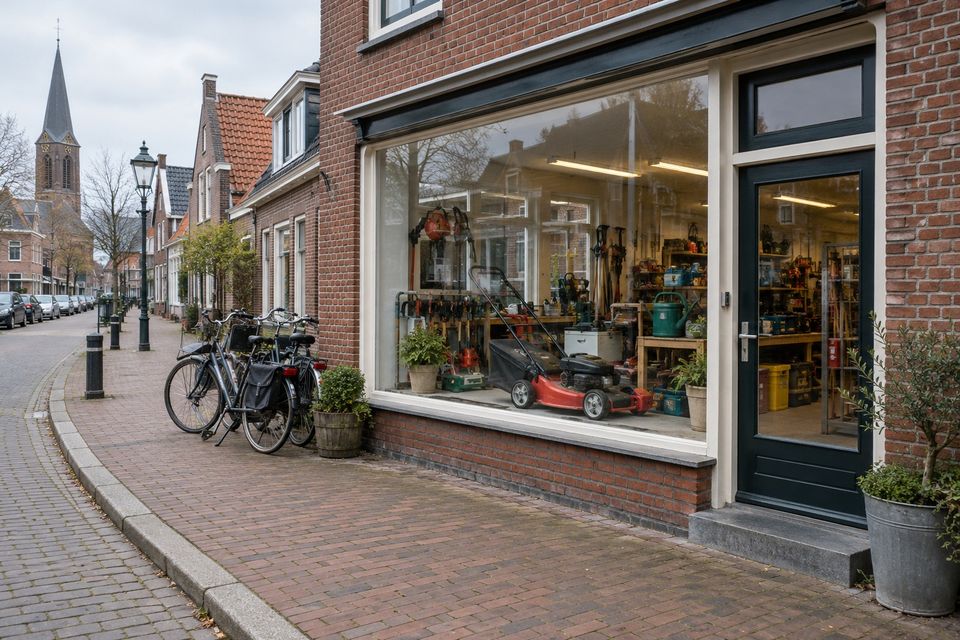 Winkel van rode baksteen met grote etalage aan een dorpsstraat met geparkeerde fietsen