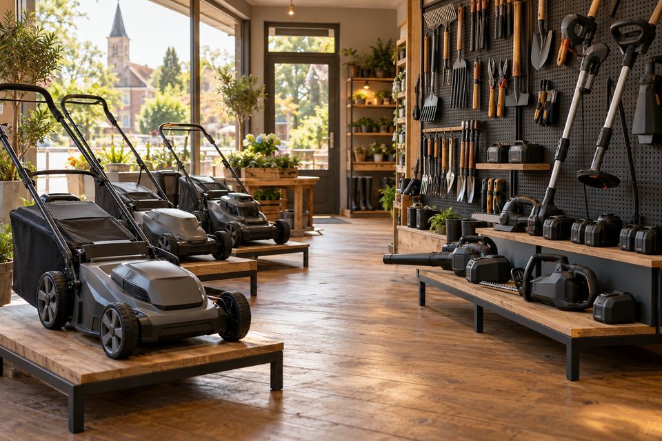 Winkelinterieur met grasmaaiers op houten podia en gereedschap aan een gaatjeswand